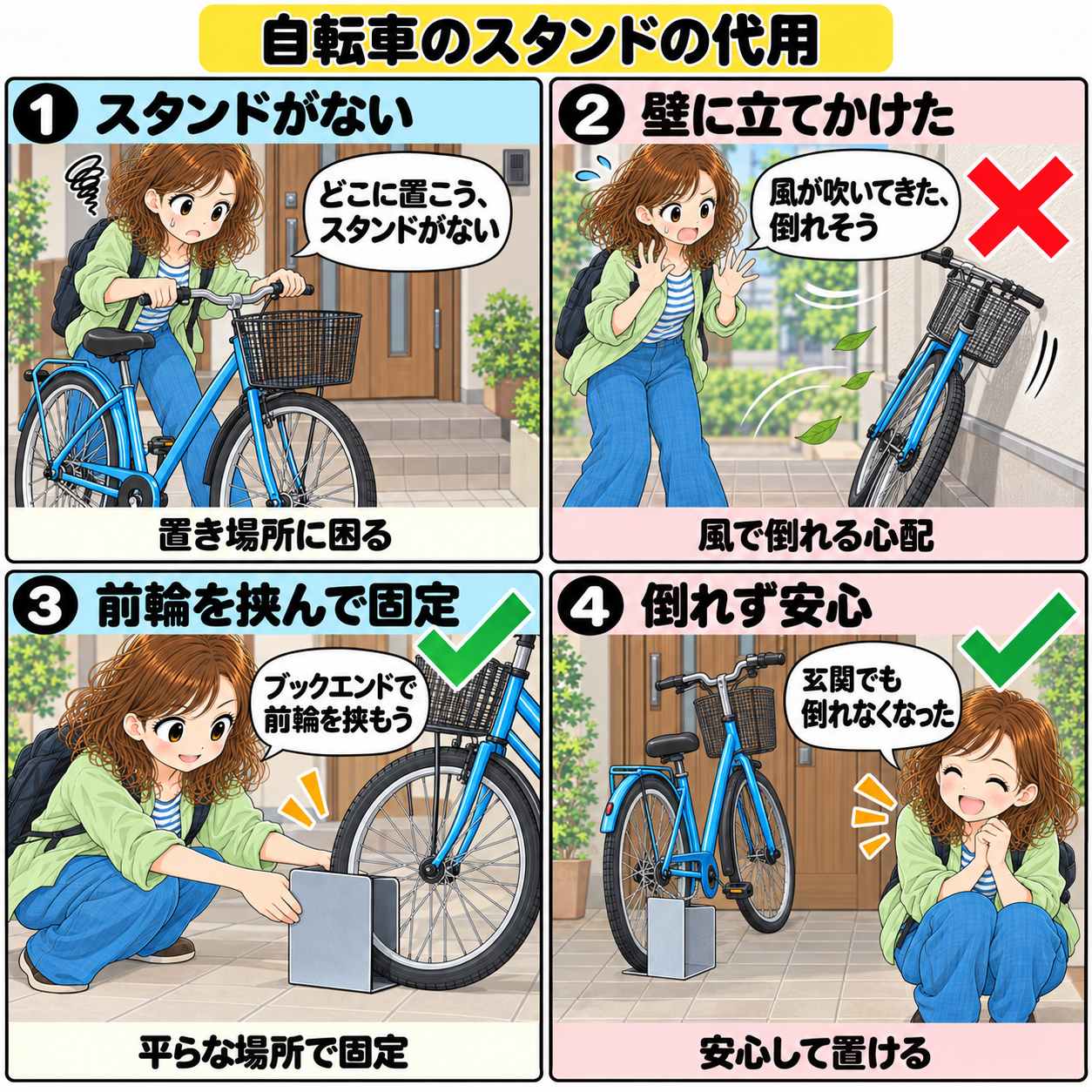 4コマ漫画:自転車のスタンド代用