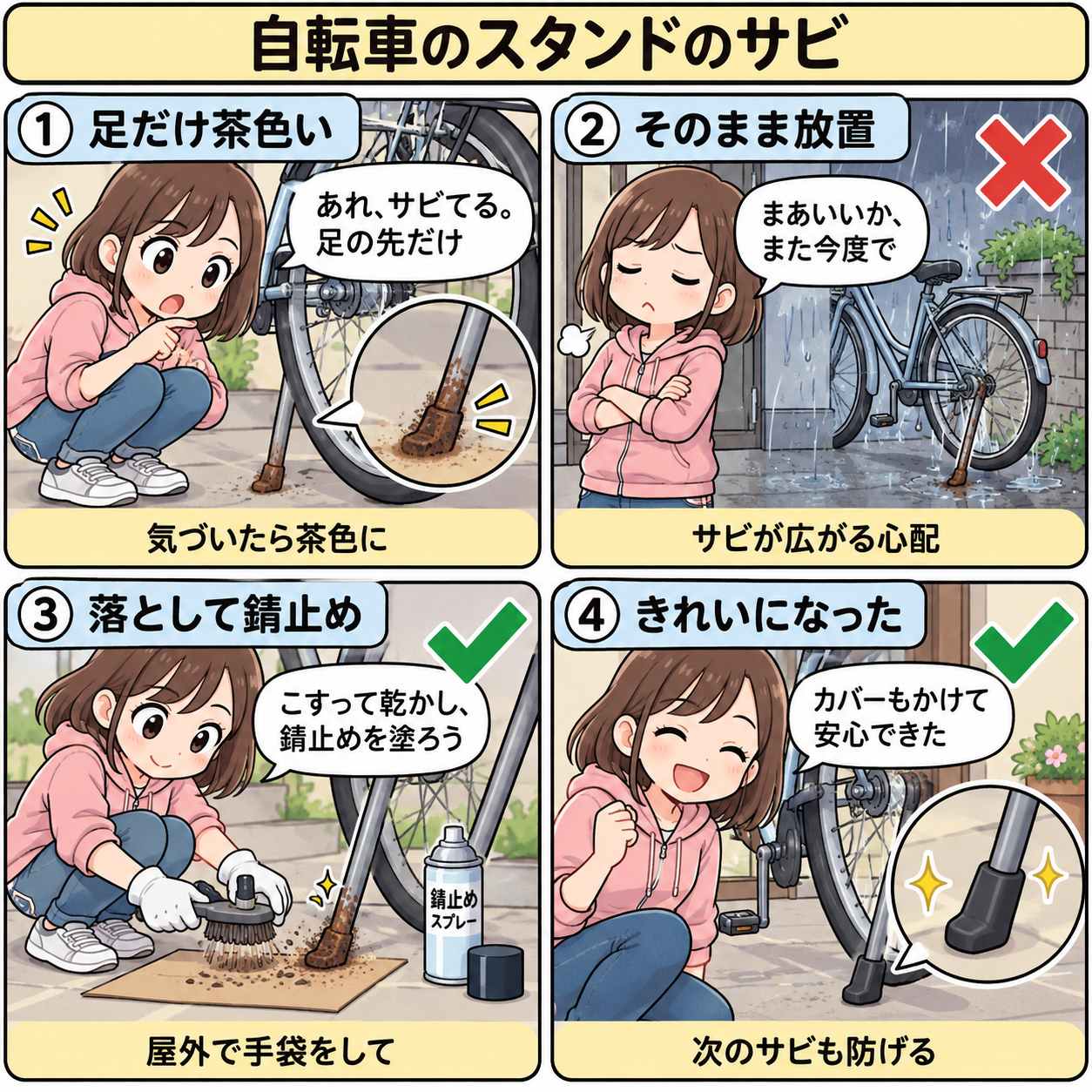 4コマ漫画:自転車スタンドのサビ
