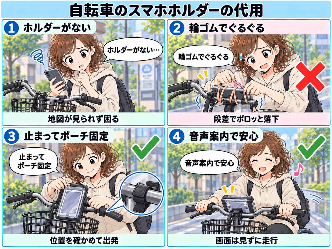 4コマ漫画:自転車のスマホホルダー代用