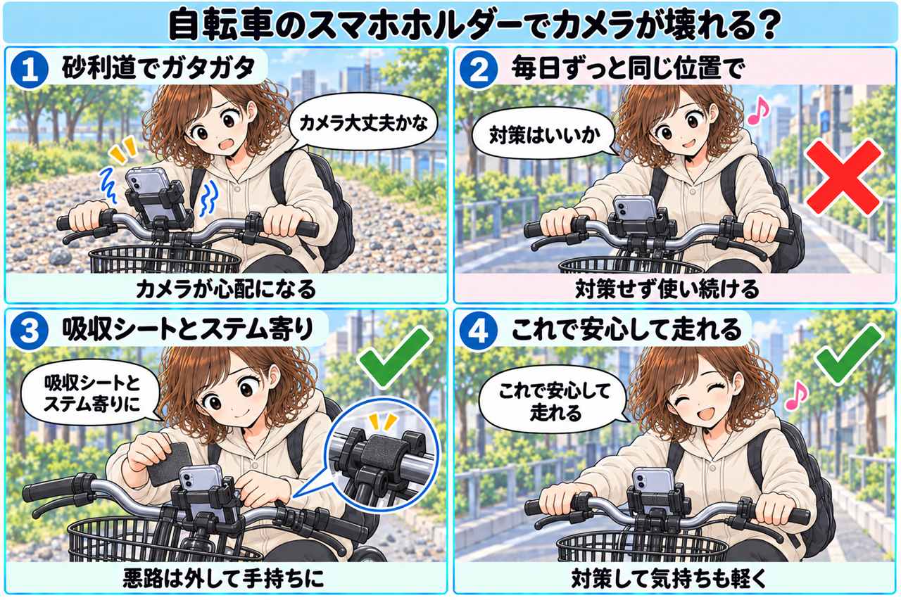4コマ漫画：スマホホルダーとカメラの振動対策
