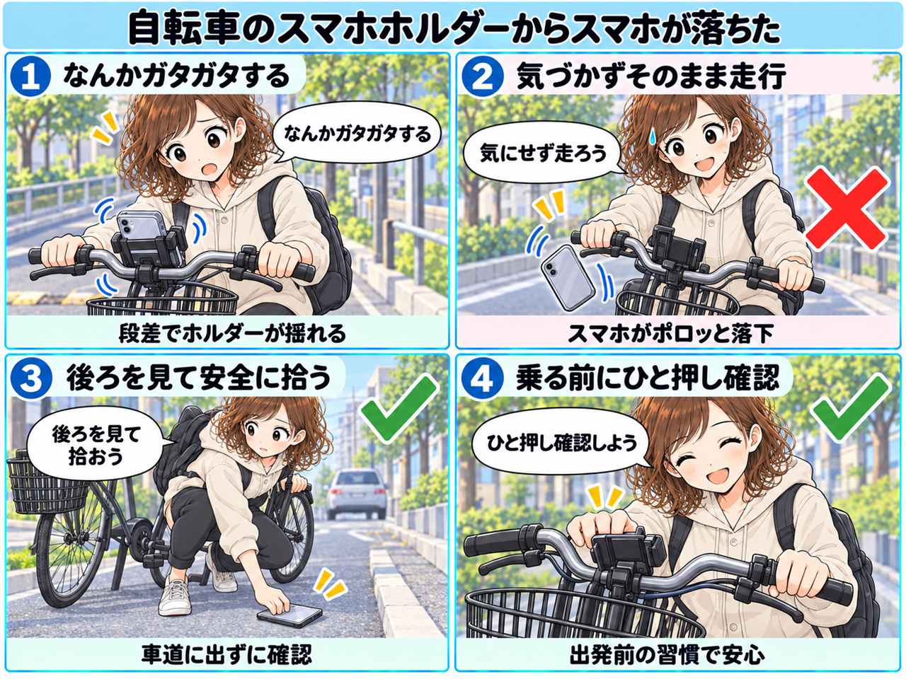 4コマ漫画：スマホホルダーから落ちた
