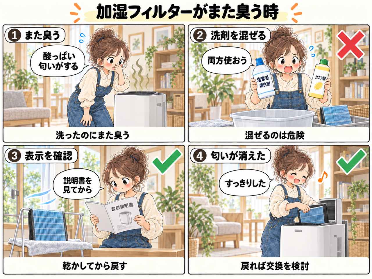 4コマ漫画:加湿空気清浄機のフィルター臭い。1、洗ったのにまた臭う。2、塩素系と酸性の洗剤を両方使うのはNG。3、表示を確認し、電源を切って乾かしてから戻す。4、匂いが消えた、戻れば交換を検討