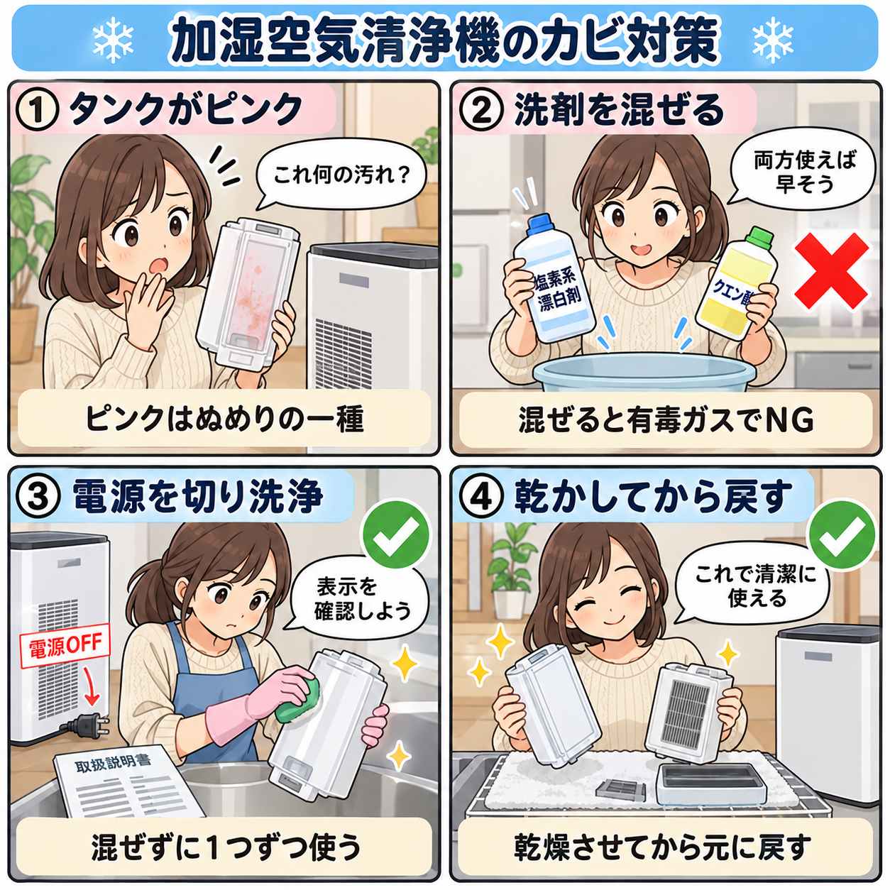 4コマ漫画:加湿空気清浄機のタンクやトレーがピンク・黒っぽい