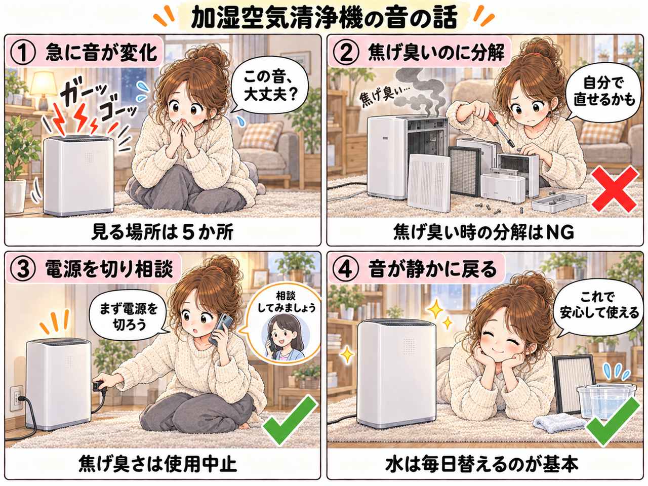4コマ漫画:加湿空気清浄機はつけっぱなしでいい?