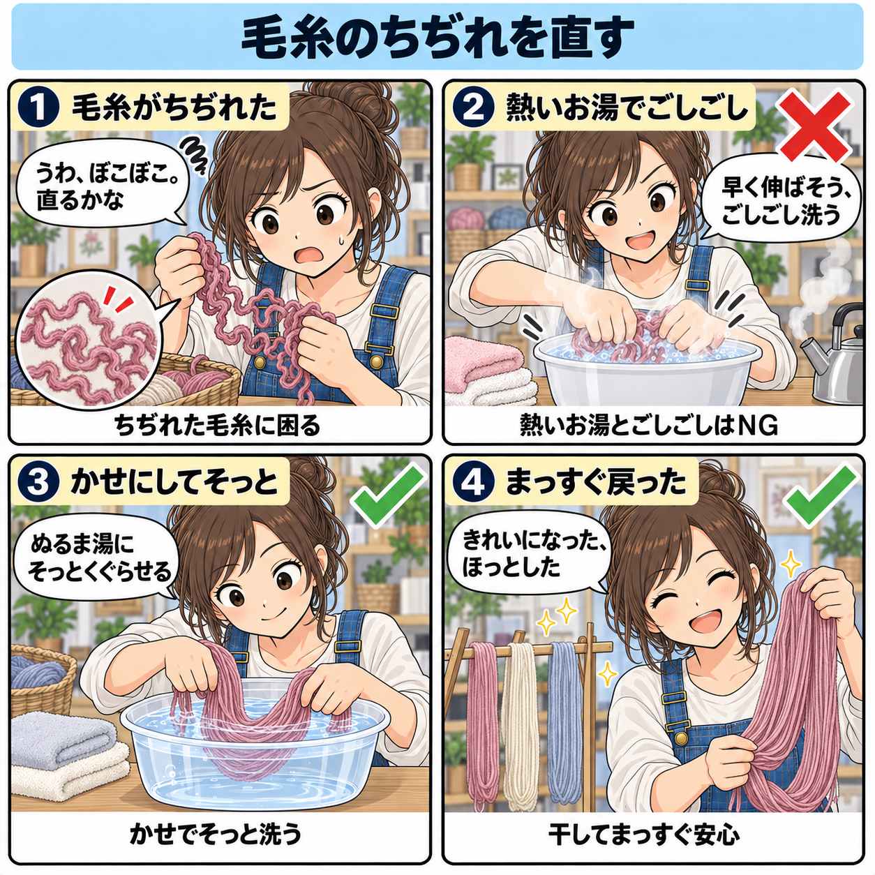 4コマ漫画:毛糸のちぢれ直し