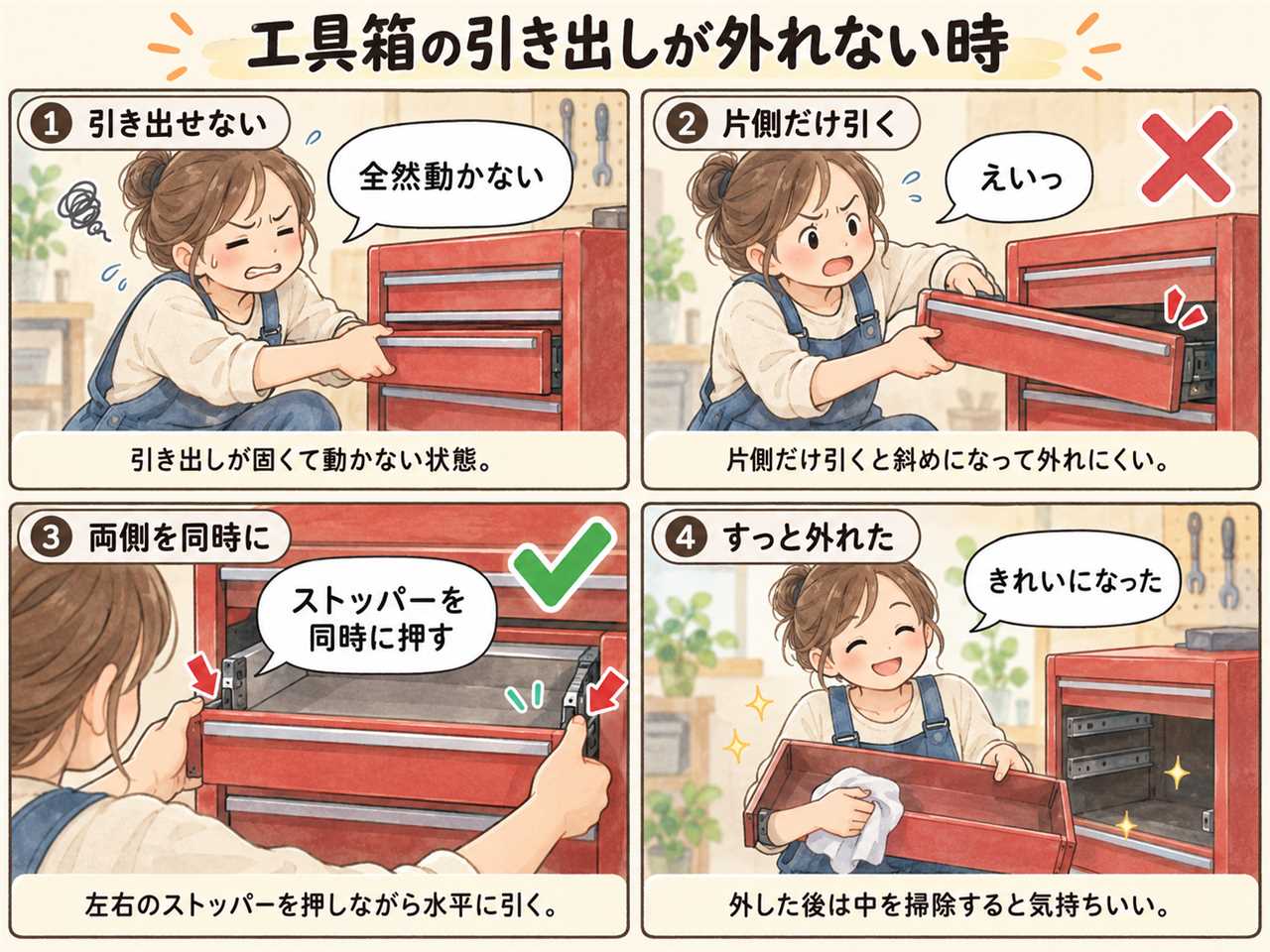 4コマ漫画:工具箱の引き出し