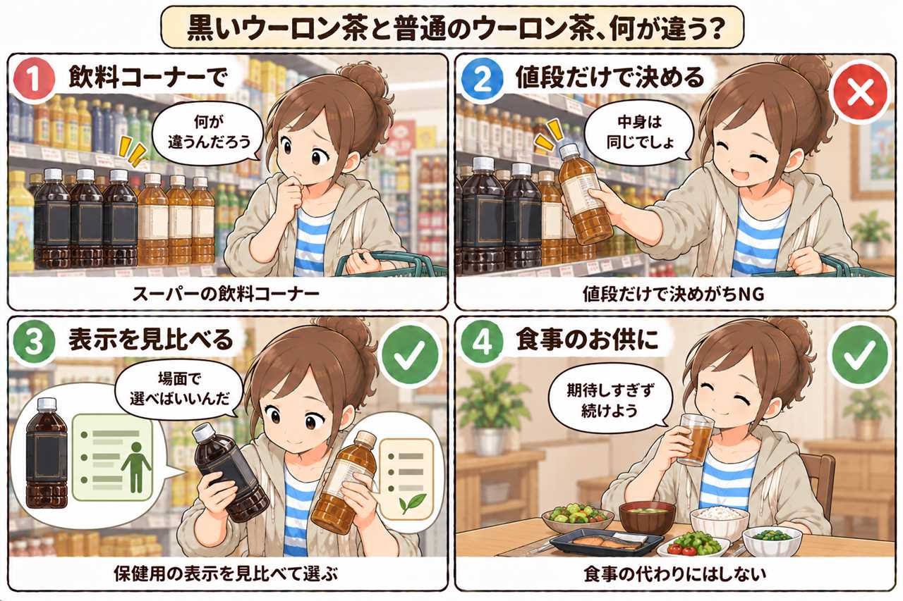 4コマ漫画：黒烏龍茶と烏龍茶どっちを選ぶ