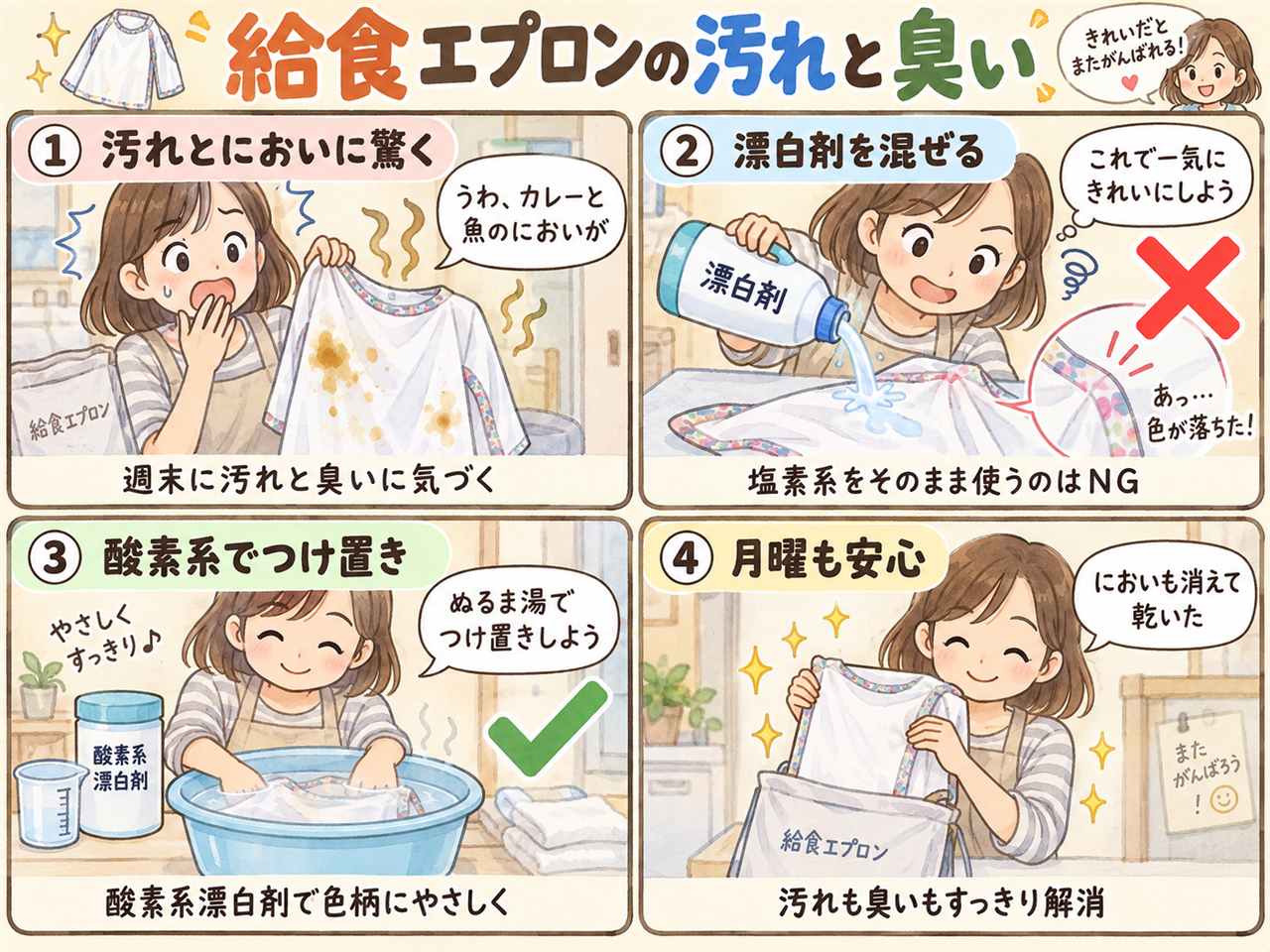 4コマ漫画:給食エプロンの汚れと臭い