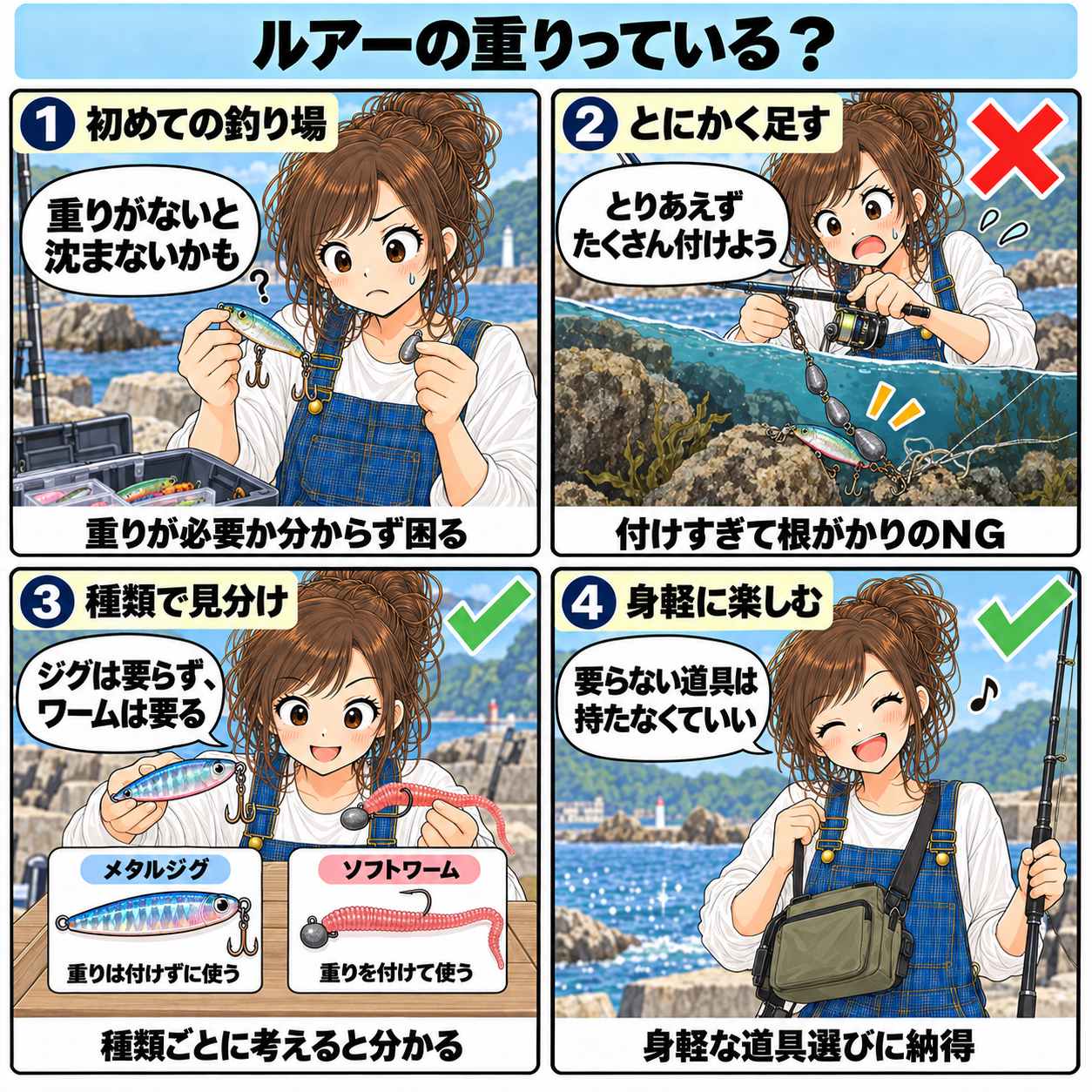 4コマ漫画:ルアーの重りといらない場面