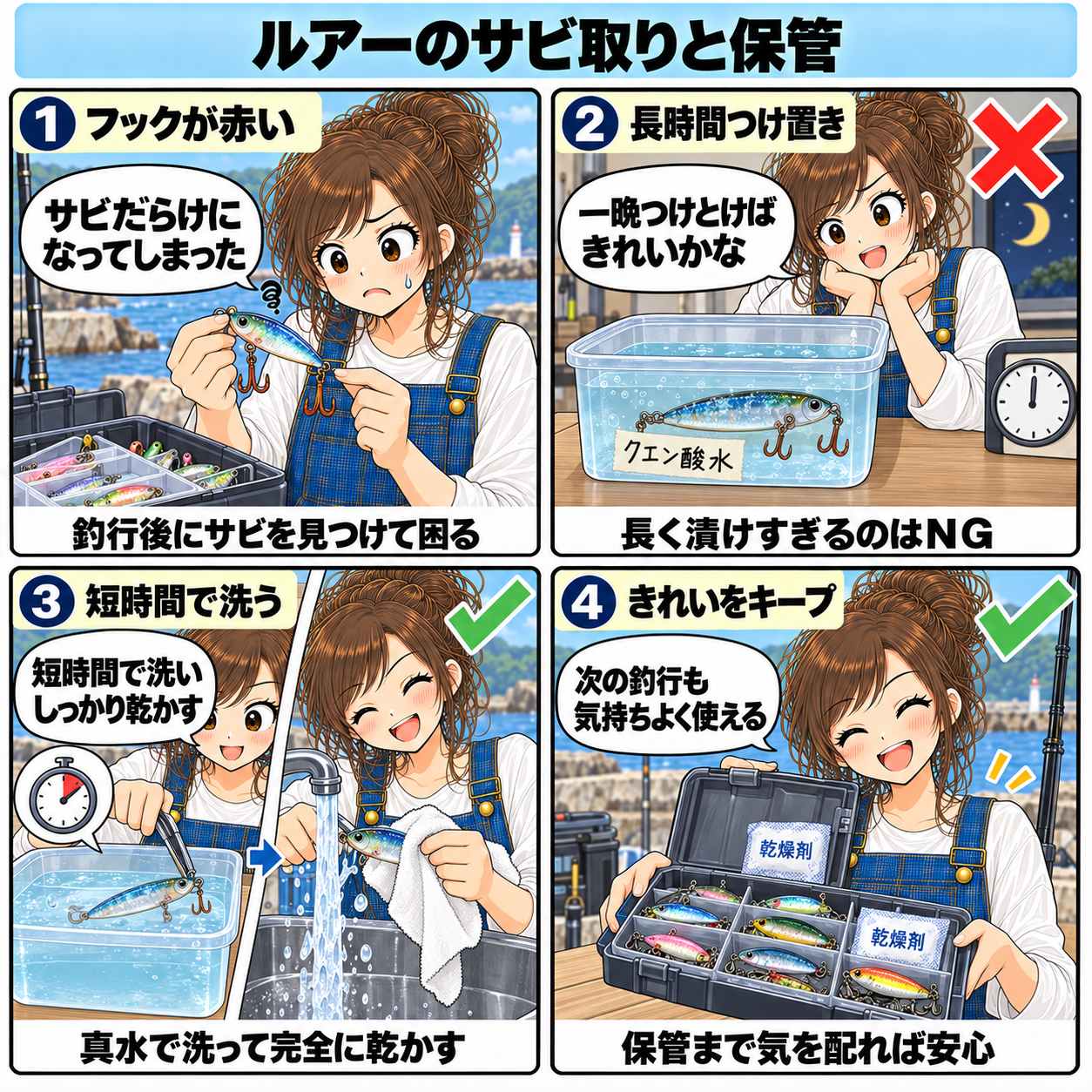 4コマ漫画:ルアーのサビ取りと保管