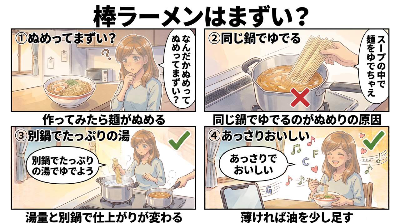 4コマ漫画:マルタイ棒ラーメンはまずい?ぬめりの原因と作り方