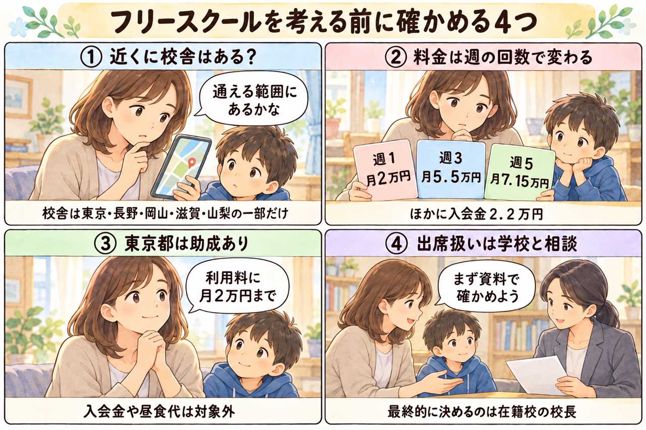 4コマ漫画:明光フリースクールの評判・料金を公式情報で確認|校舎・出席扱いも整理