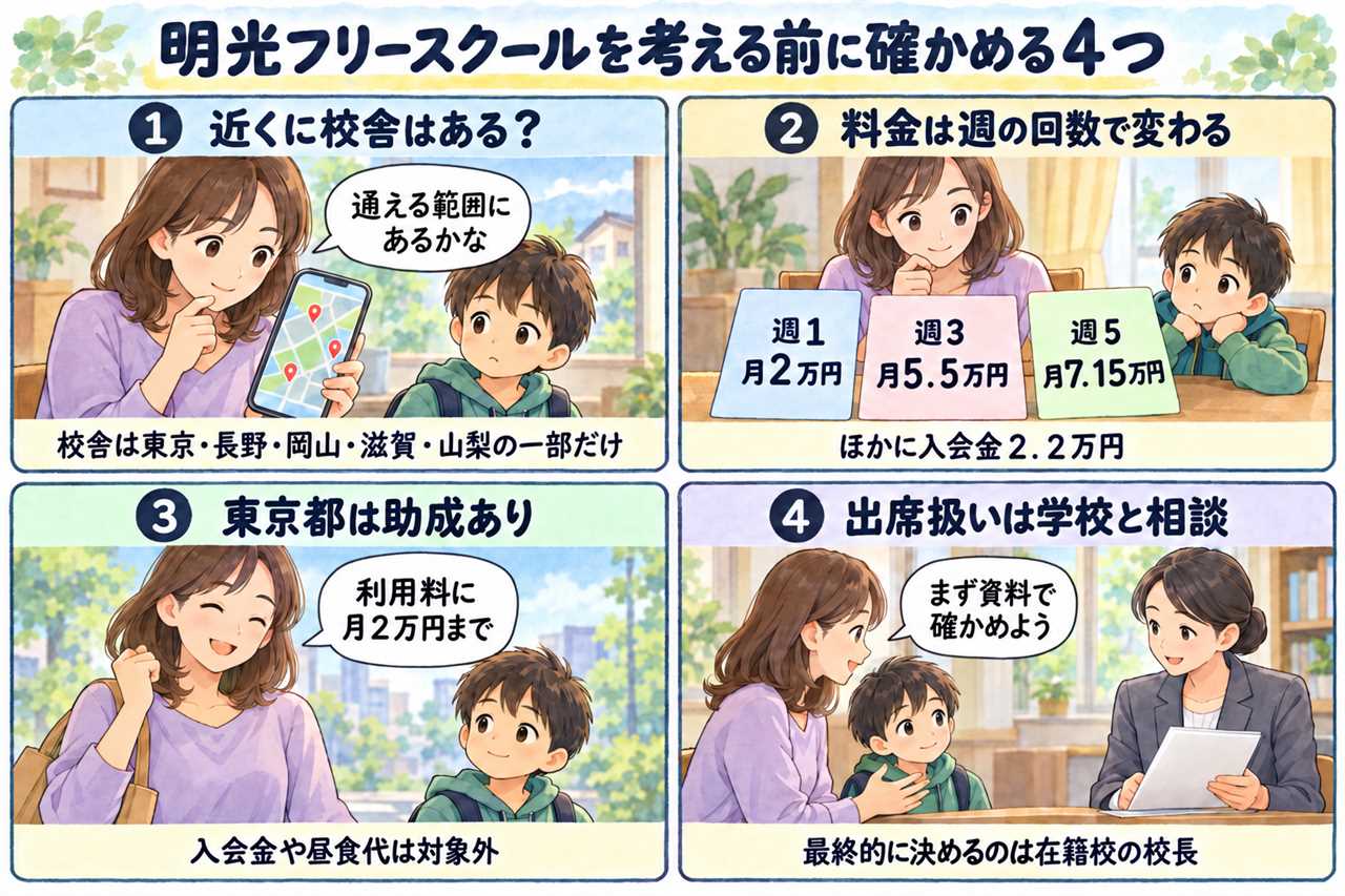 4コマ漫画：フリースクールを調べる母子