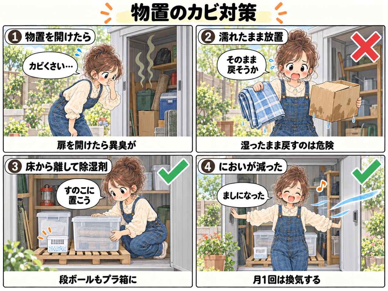 4コマ漫画:物置のカビ対策。1、物置を開けたらカビくさい。2、濡れた段ボールをそのまま戻すのはNG。3、床から離して除湿剤、段ボールはプラ箱に。4、においが減った、月1回は換気する