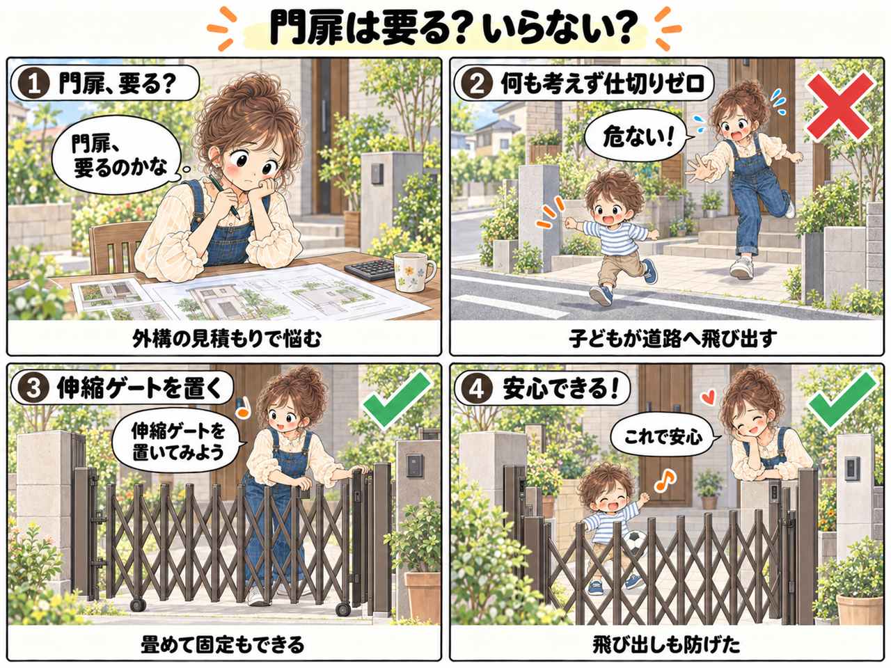 4コマ漫画：門扉は要る？いらない？
