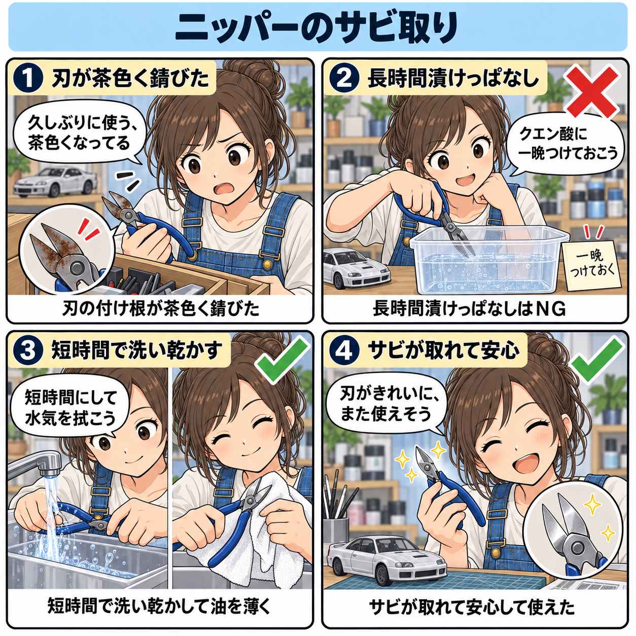 4コマ漫画:ニッパーのサビ取り