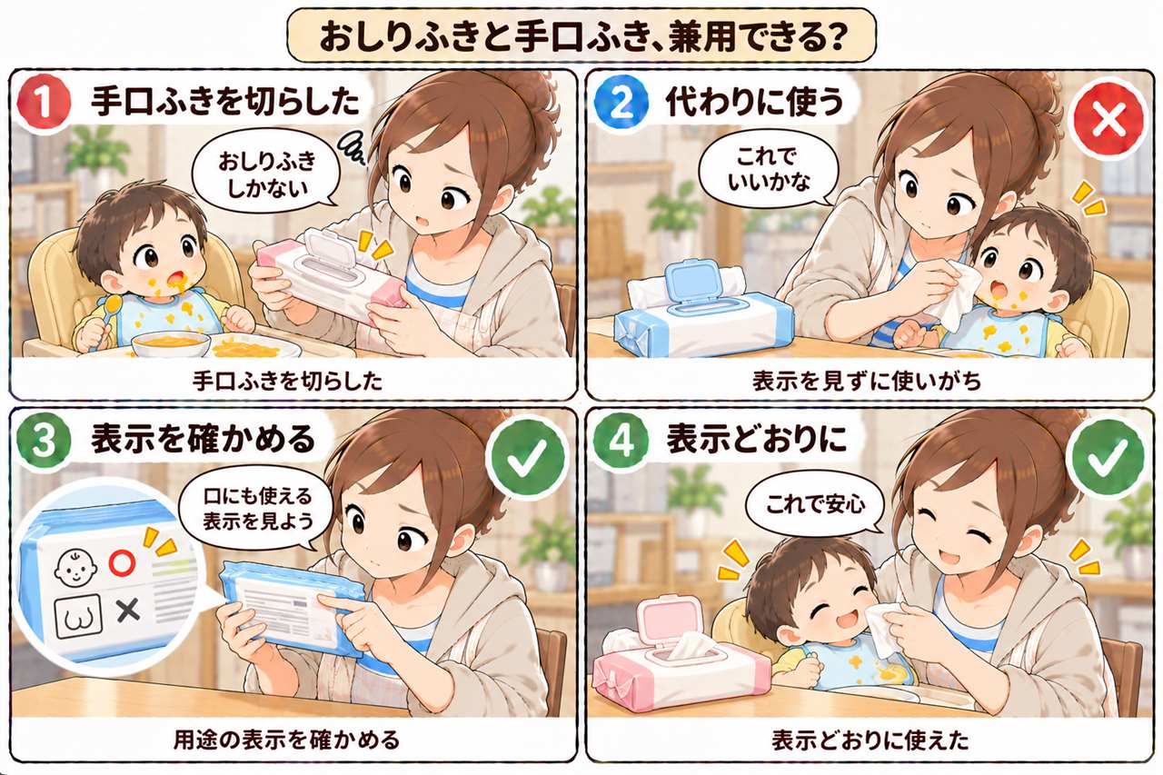 4コマ漫画:おしりふきと手口ふき兼用できる?