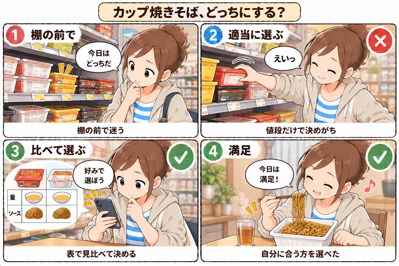4コマ漫画:どっちを選ぶか迷う棚の前