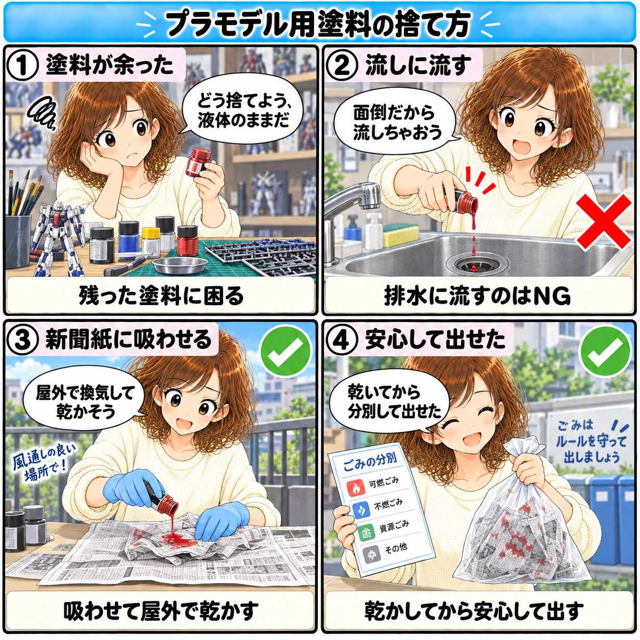 4コマ漫画:プラモデルの塗料の捨て方