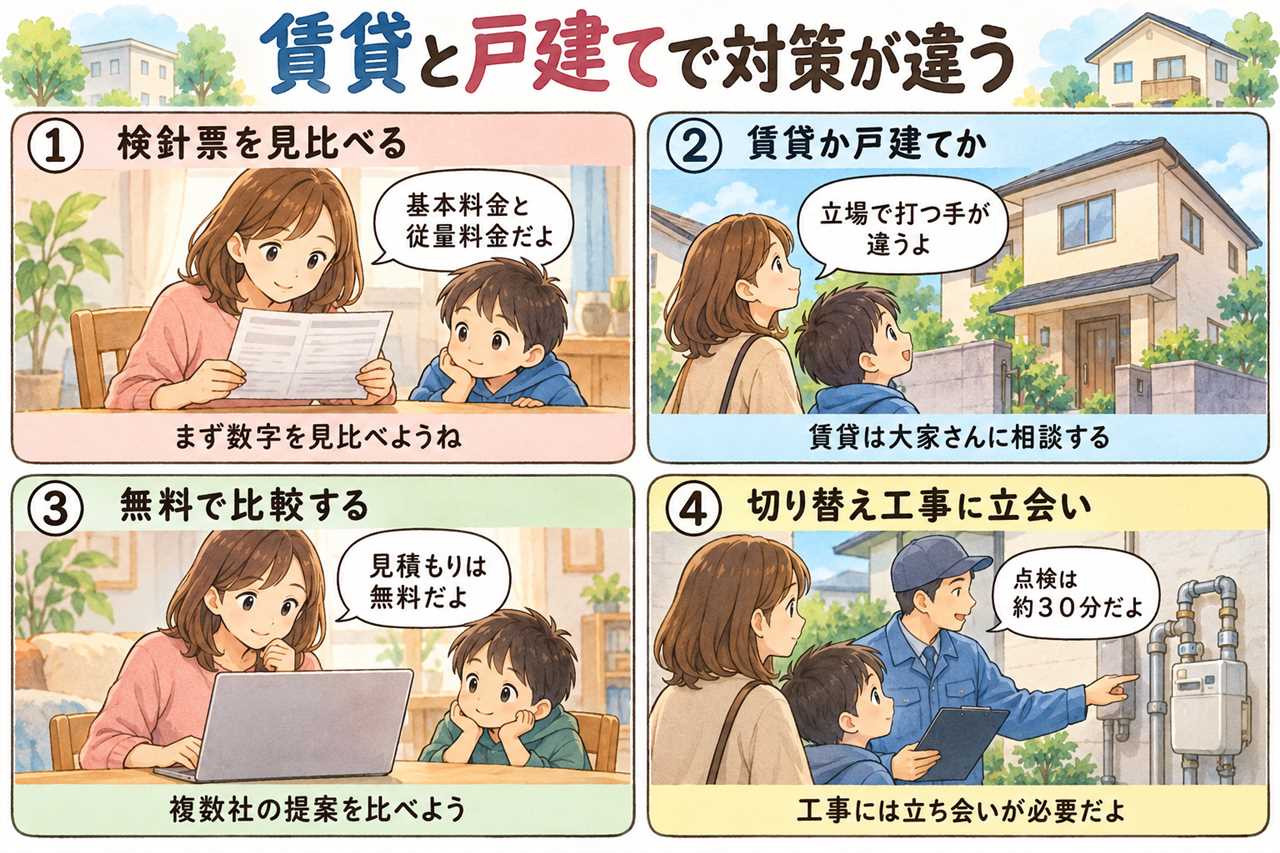 4コマ漫画:賃貸と戸建てで対策が違う
