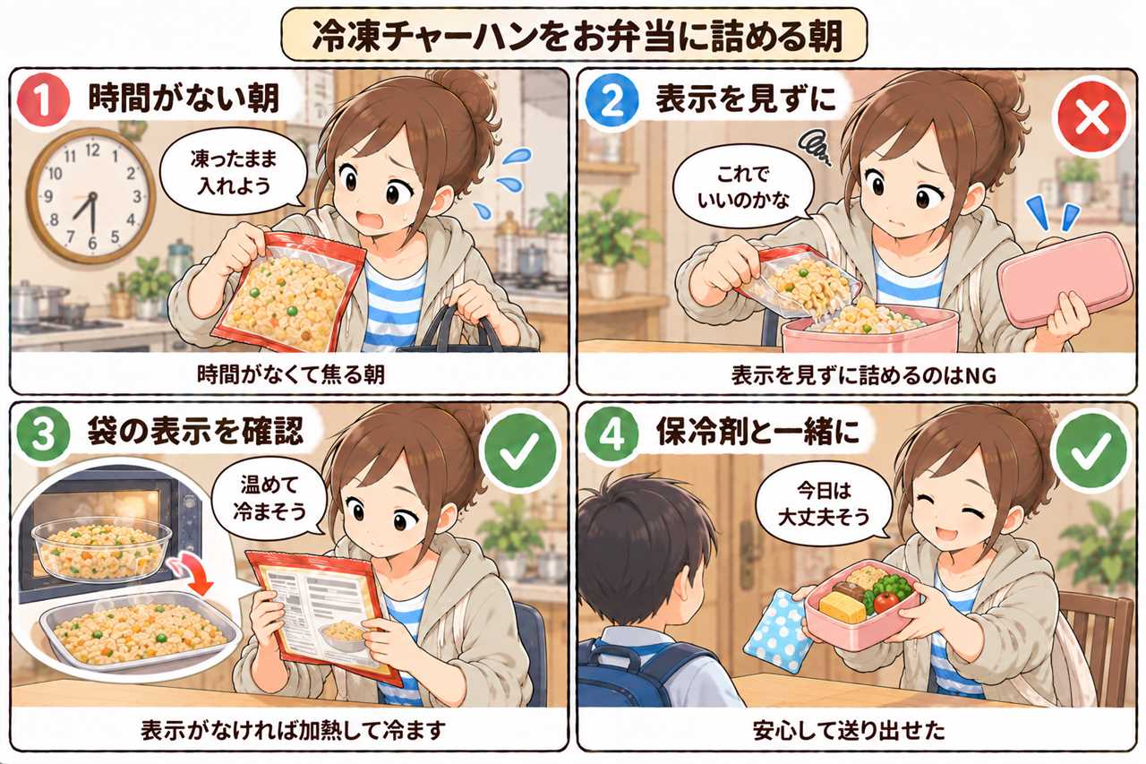 4コマ漫画:冷凍チャーハンを詰める朝