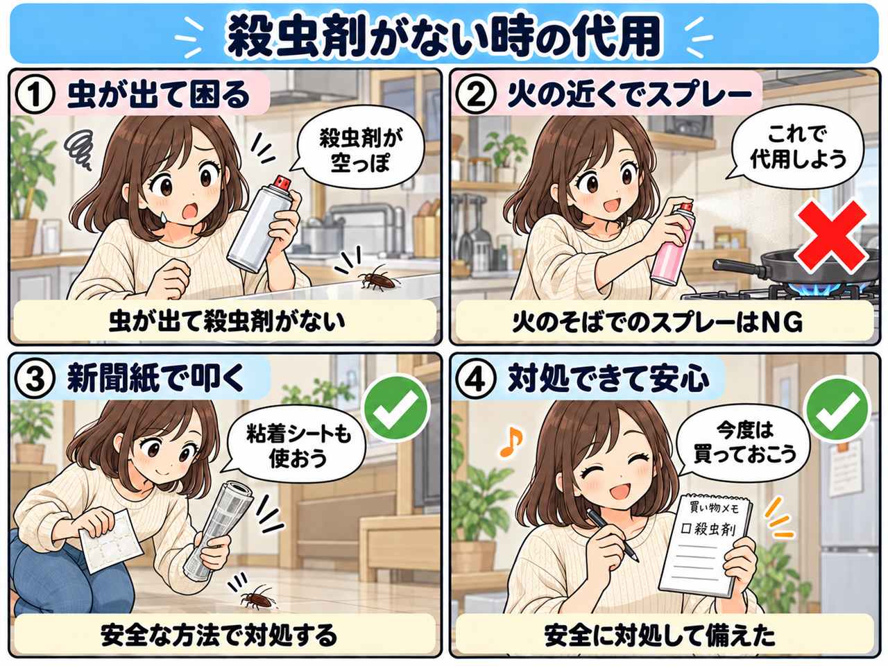 4コマ漫画：殺虫剤がない時の代用