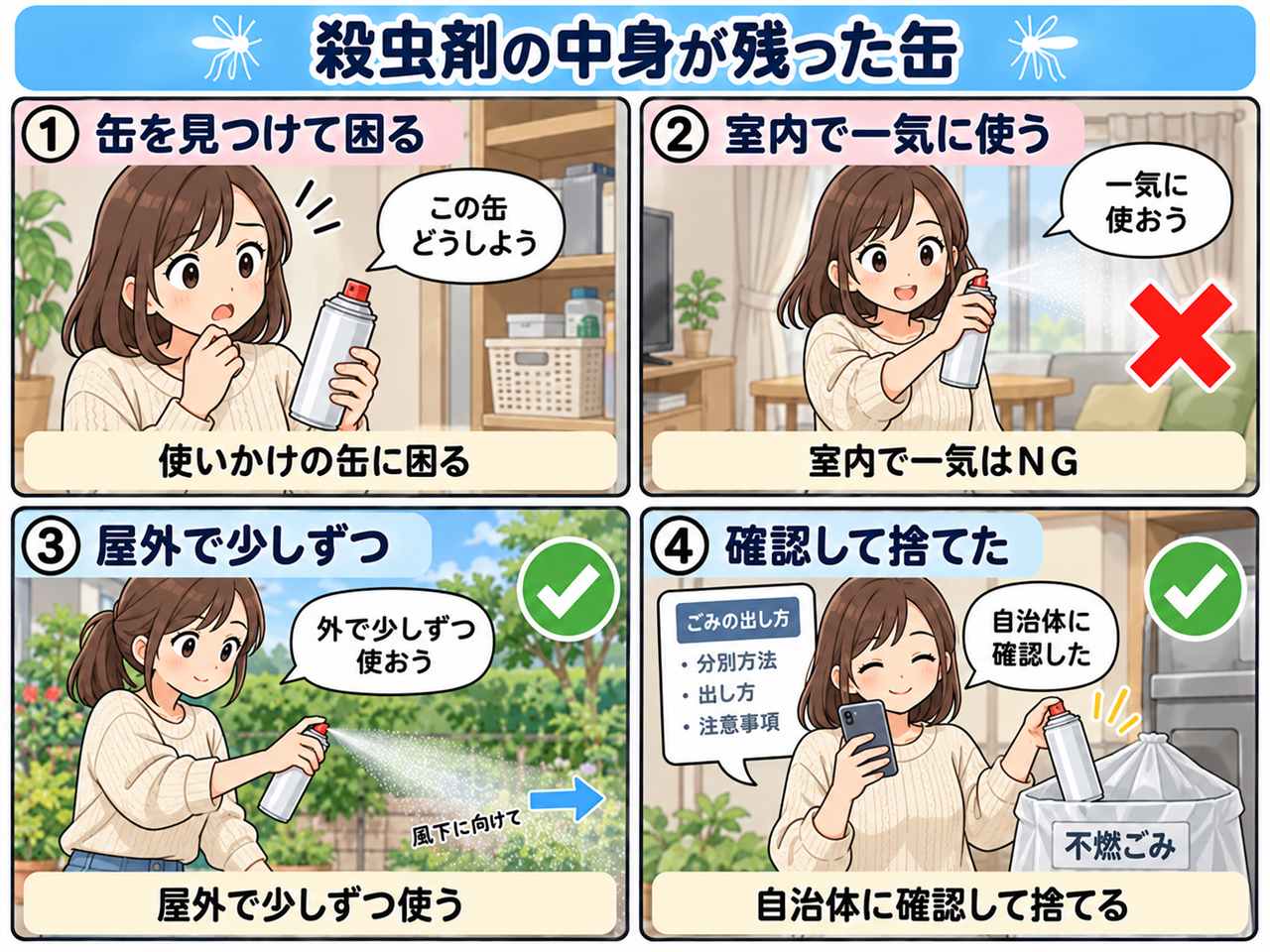 4コマ漫画:殺虫剤の中身が残った缶