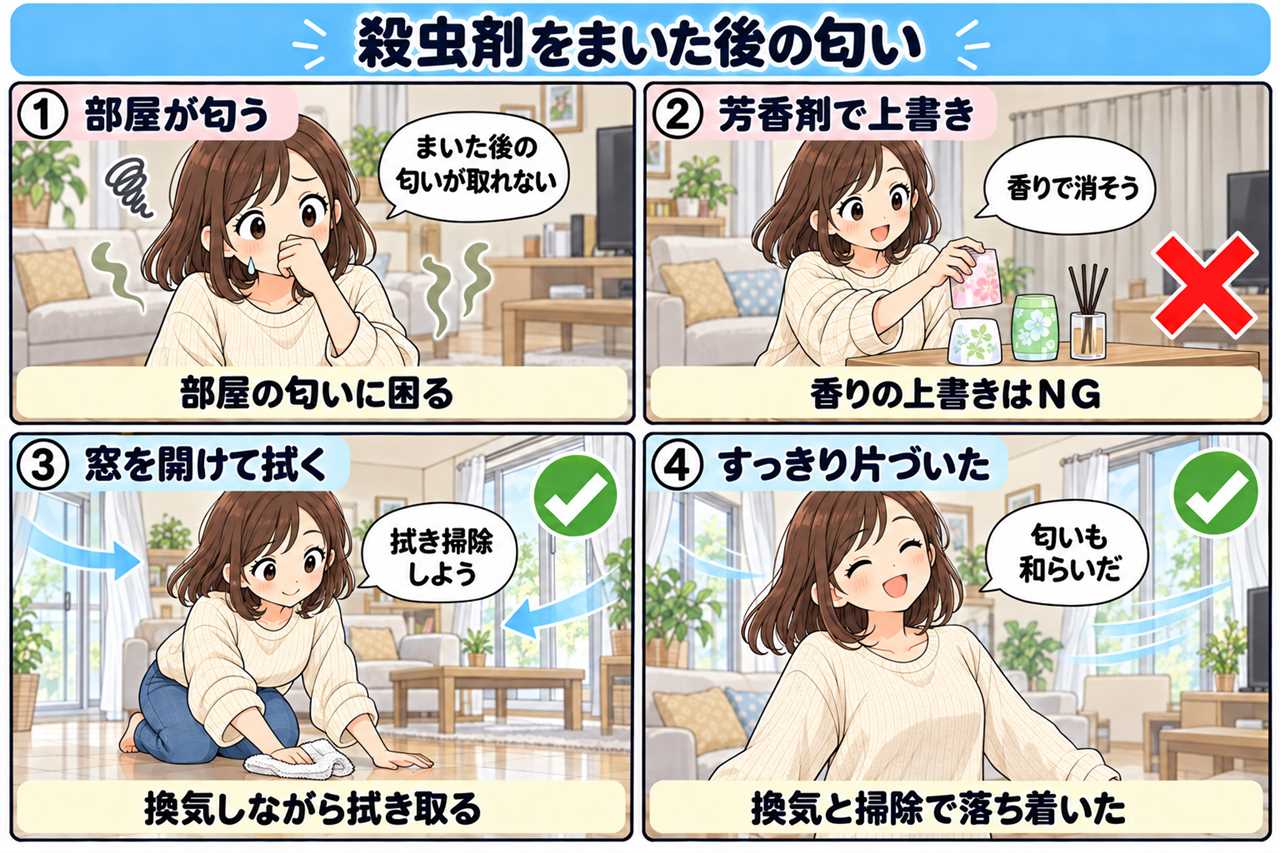 4コマ漫画:殺虫剤をまいた後の匂い