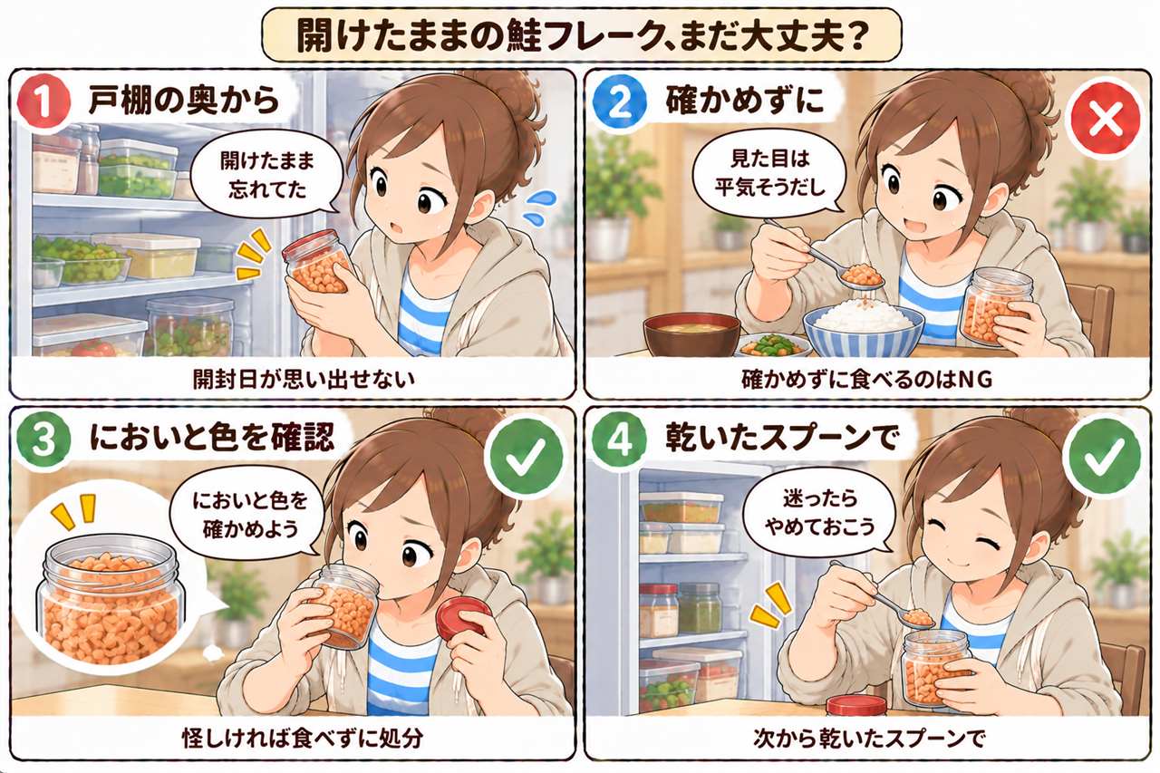 4コマ漫画:開封後の鮭フレーク