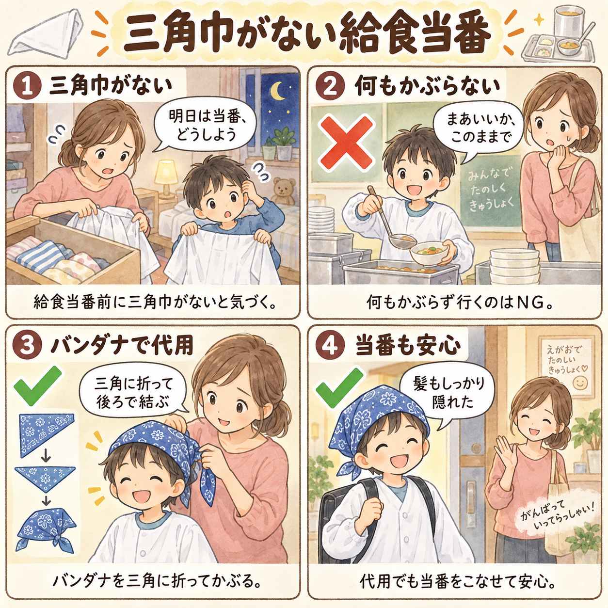4コマ漫画:三角巾がない給食当番