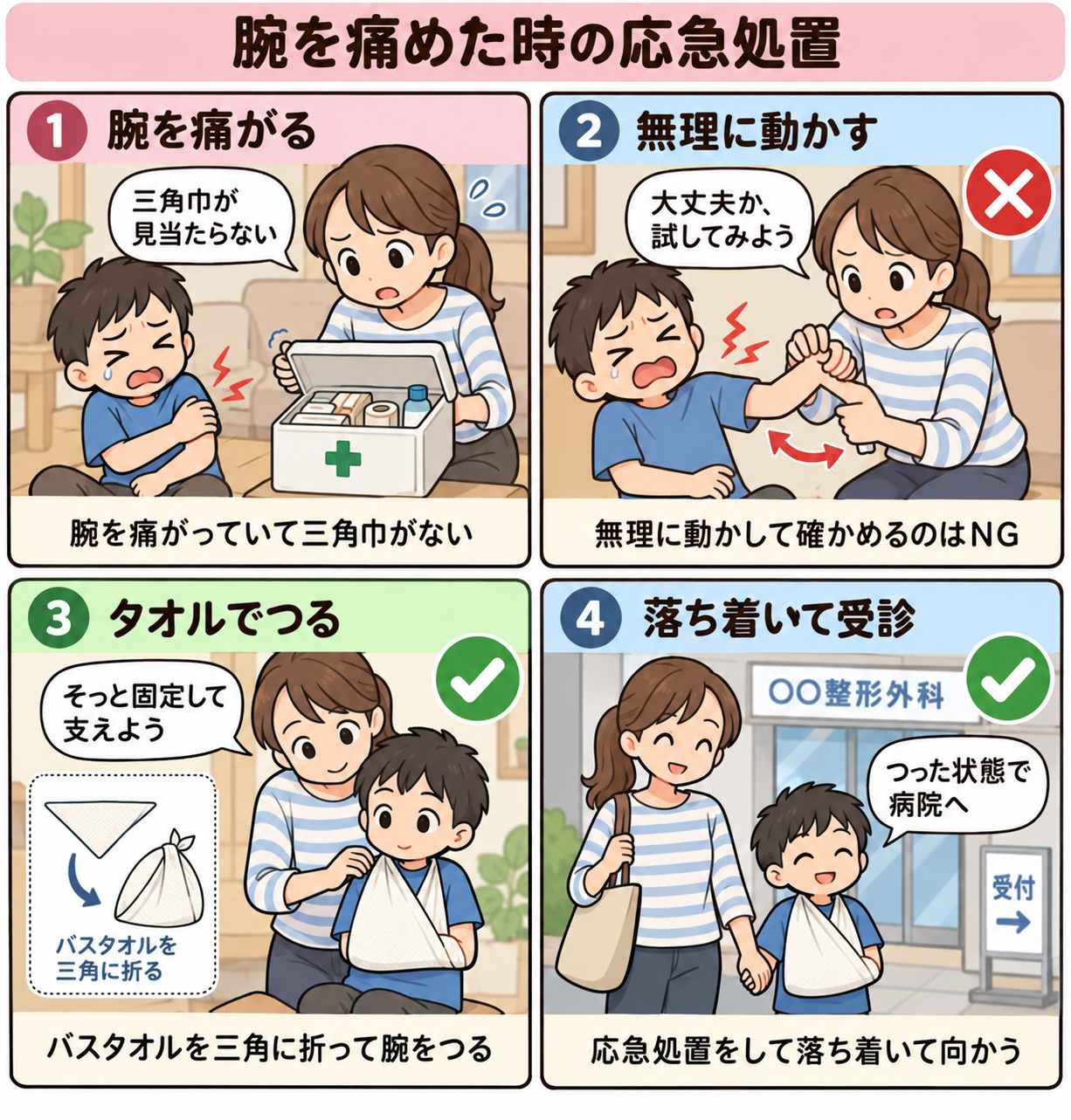 4コマ漫画:腕を痛めた時の応急処置