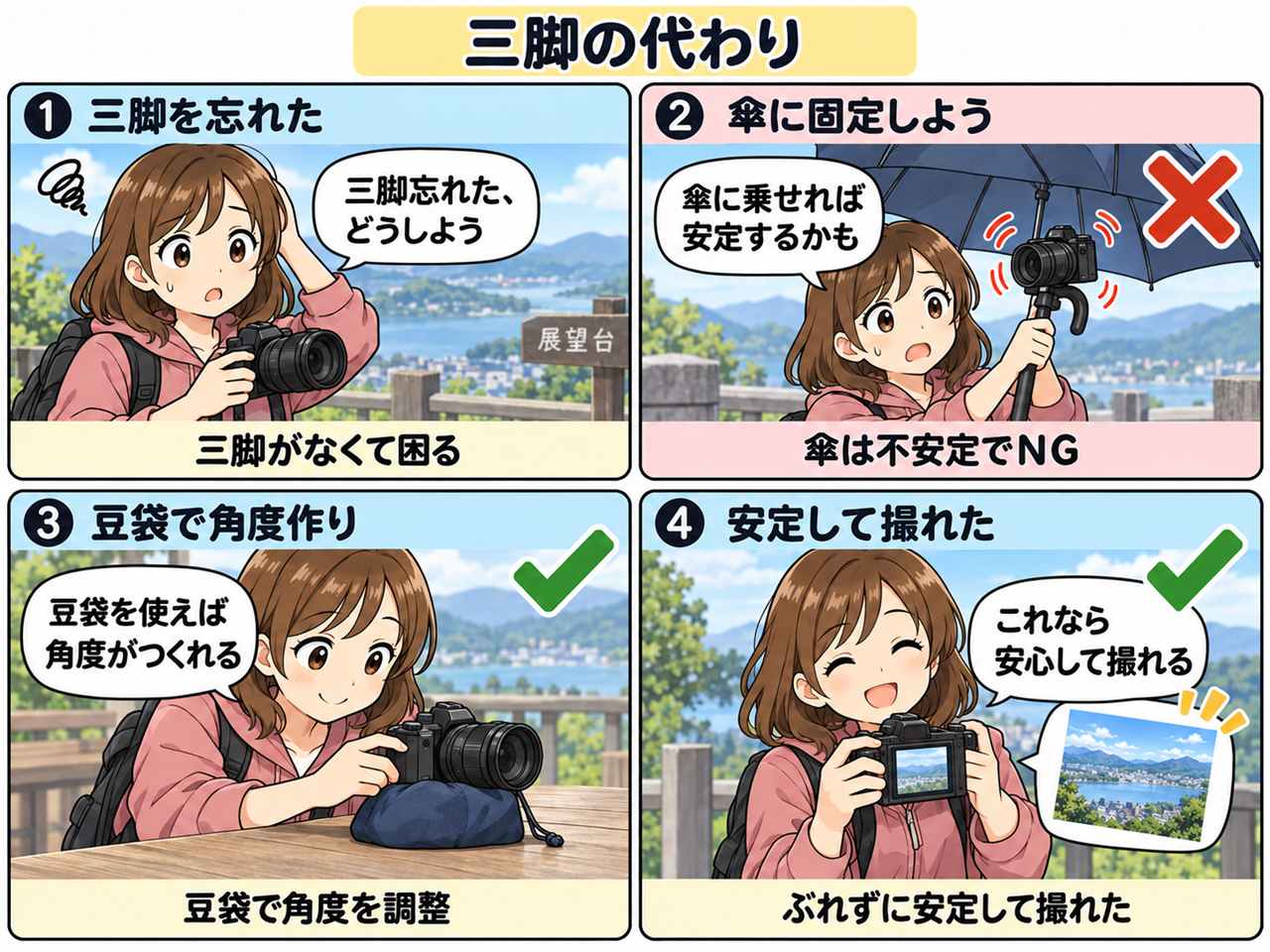 4コマ漫画:三脚の代わりになるもの
