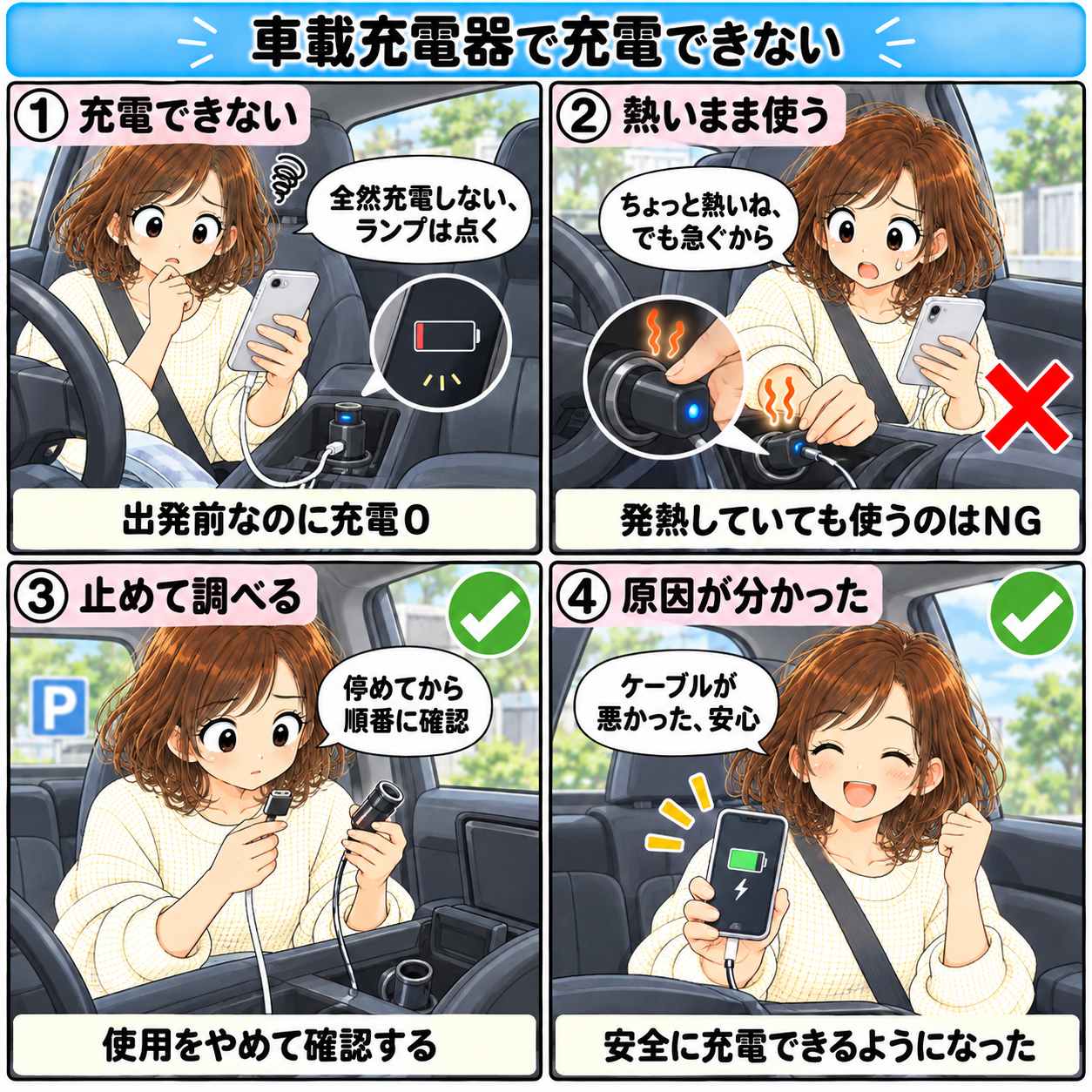 4コマ漫画：車載充電器で充電できない