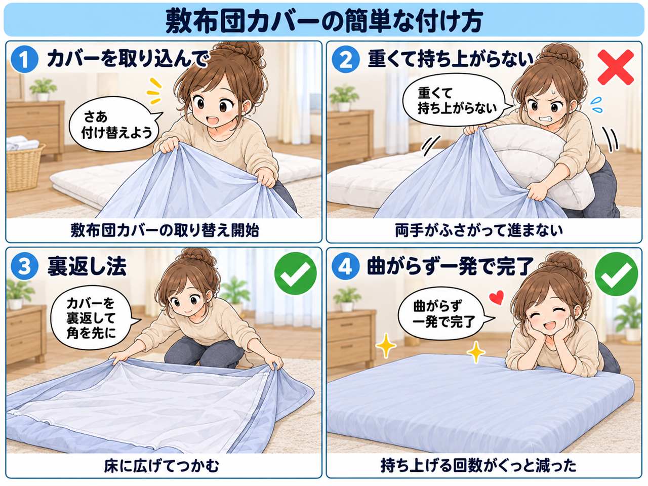 4コマ漫画:敷布団カバー格闘記