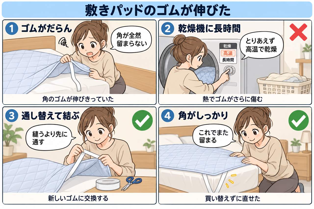 4コマ漫画:敷きパッドのゴムが伸びた時の直し方