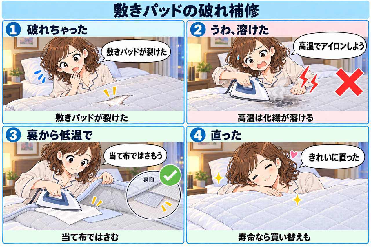 4コマ漫画:敷きパッドの破れ補修