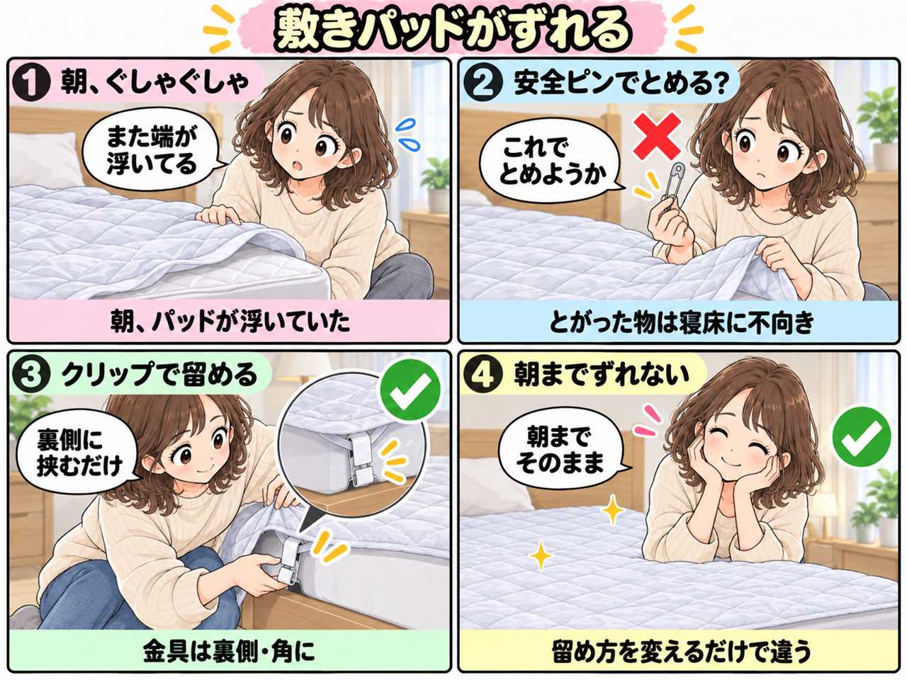 4コマ漫画:敷きパッドが朝にはずれている