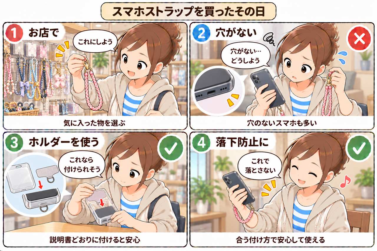 4コマ漫画:ストラップを買ったその日。1コマ目、気に入ったストラップを買って帰る。2コマ目、スマホにストラップホールがないと気づいて手が止まる。3コマ目、ケースに挟むホルダーを見つけて説明どおりに付ける。4コマ目、落下防止になって安心して使い始める
