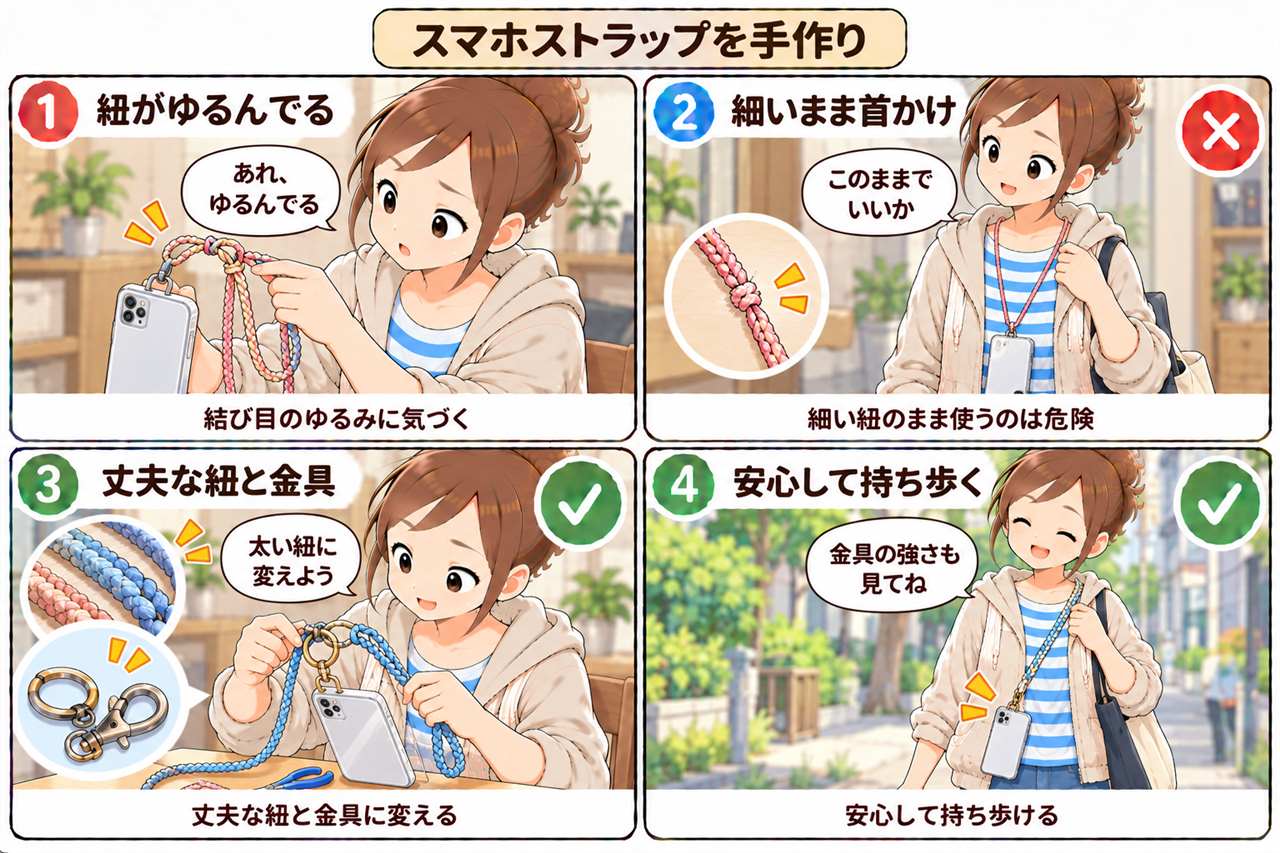 4コマ漫画:スマホストラップの手作り