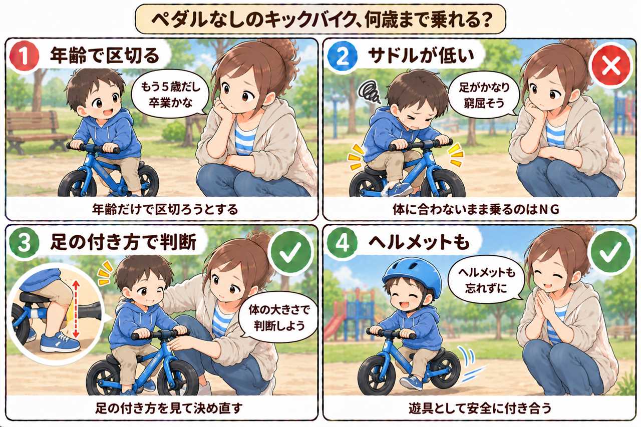 4コマ漫画:ストライダーは何歳まで乗れる?対象年齢の見方、体の大きさでの判断、14xとの違い、自転車に移る時期まで