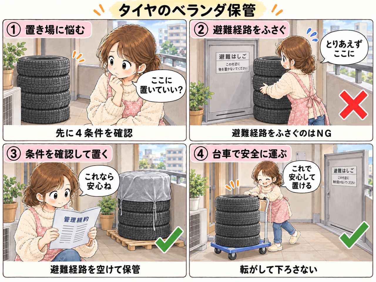 4コマ漫画:スタッドレスタイヤをベランダに保管していい?