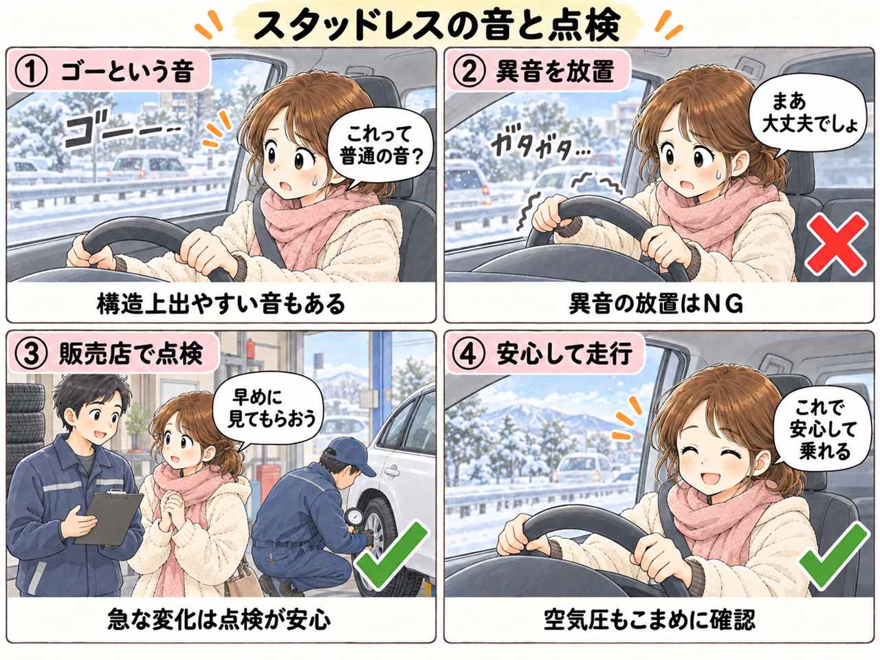 4コマ漫画:スタッドレスタイヤがうるさい・つけっぱなしでいい?