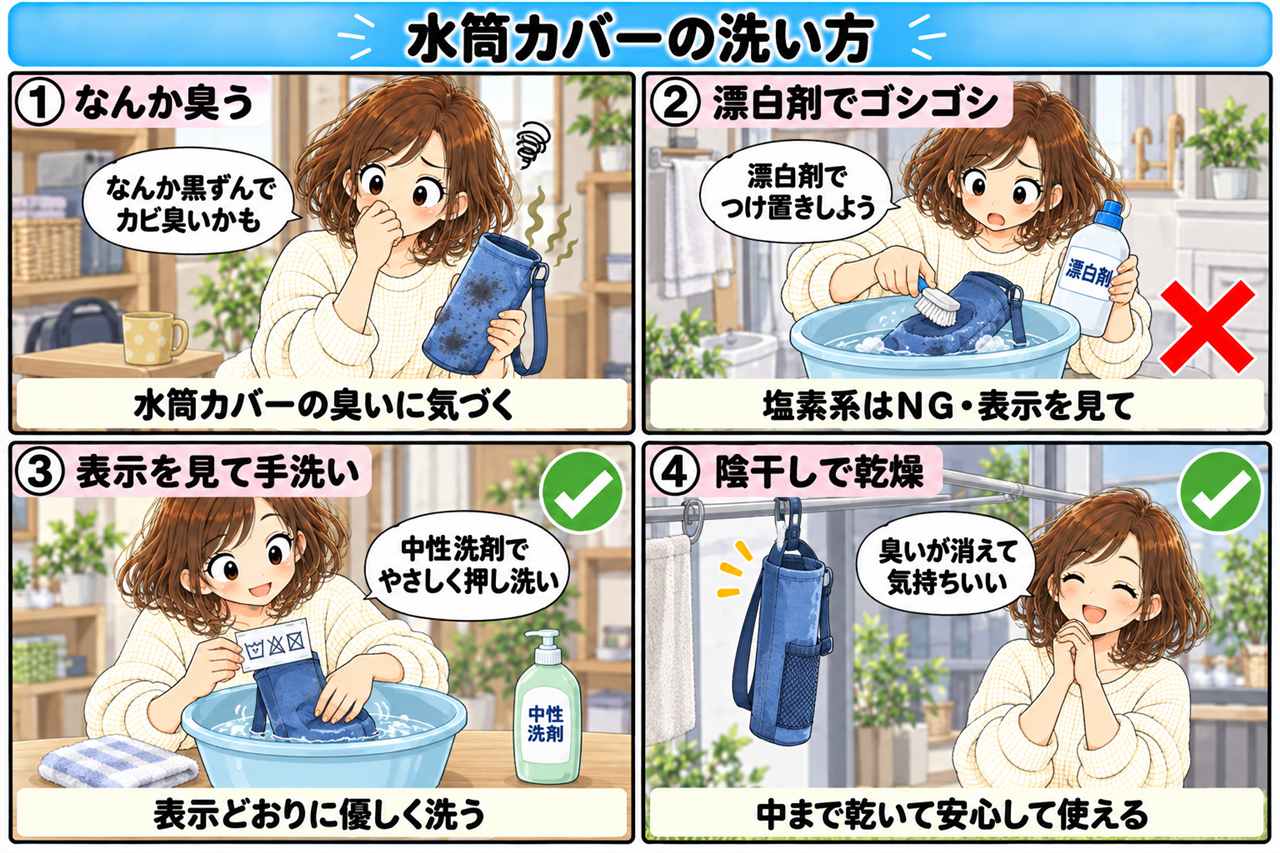 4コマ漫画:水筒カバーの洗い方