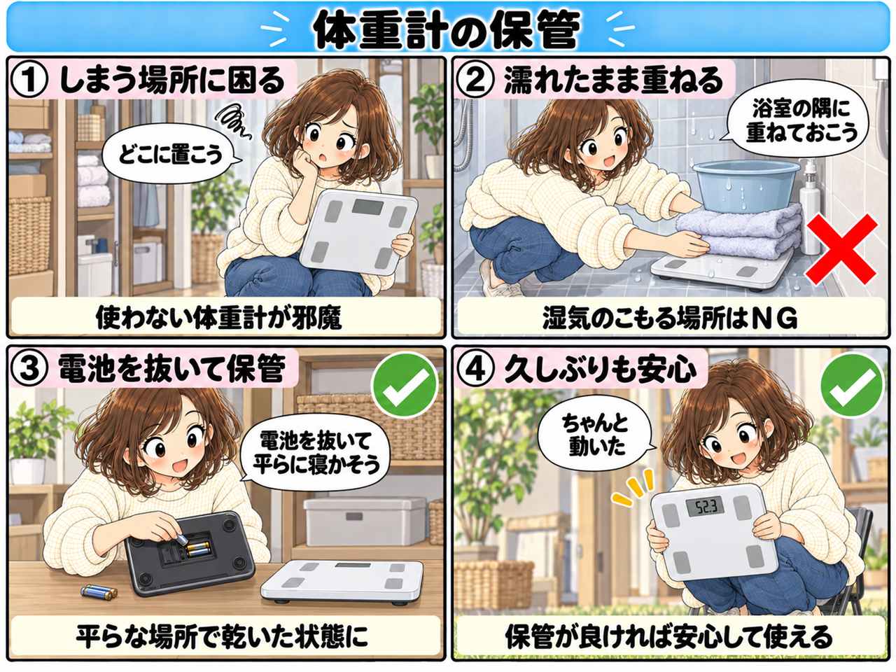 4コマ漫画:体重計の保管
