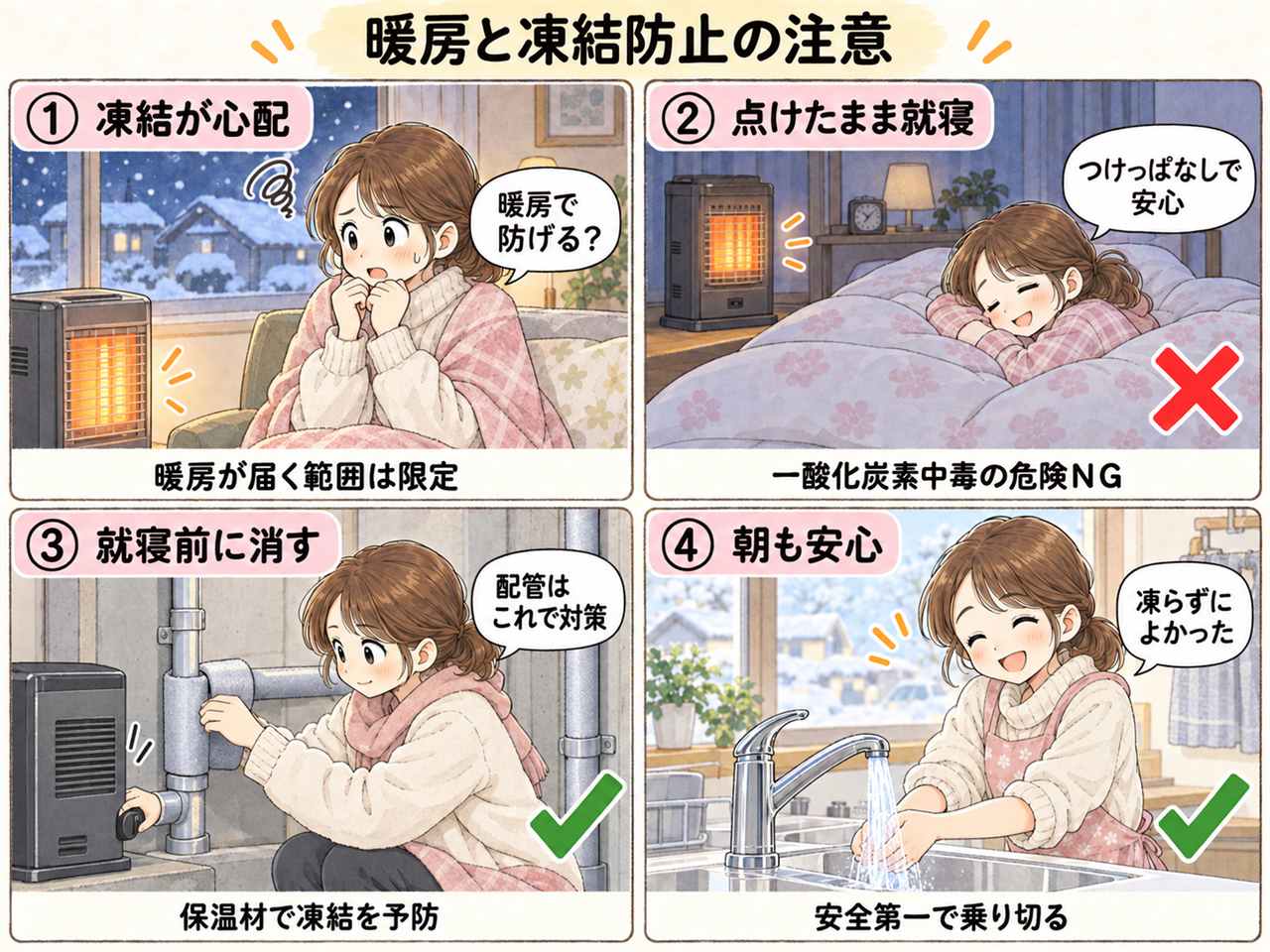 4コマ漫画:凍結防止に暖房をつけっぱなしにすればいい?