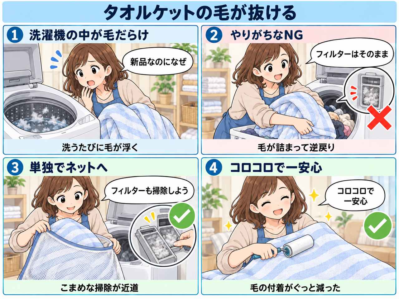 4コマ漫画:洗濯槽が毛だらけになる日