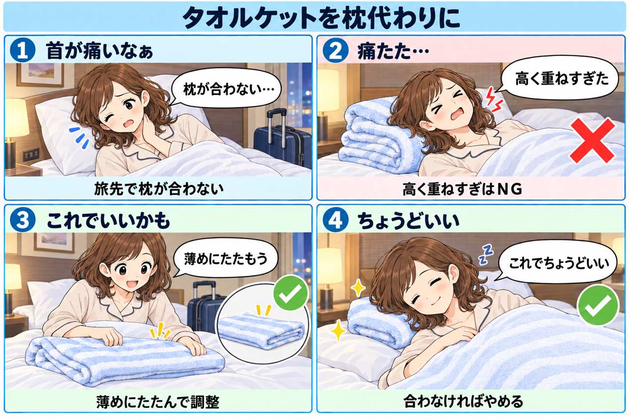 4コマ漫画：タオルケットを枕代わりに