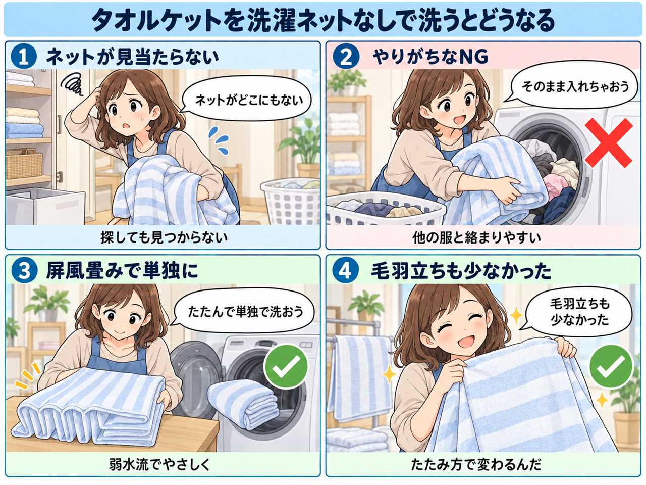 4コマ漫画:洗濯ネットが見つからない日