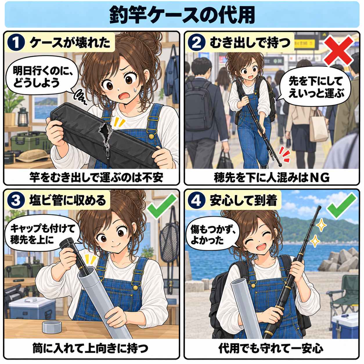 4コマ漫画:釣竿ケースの代用
