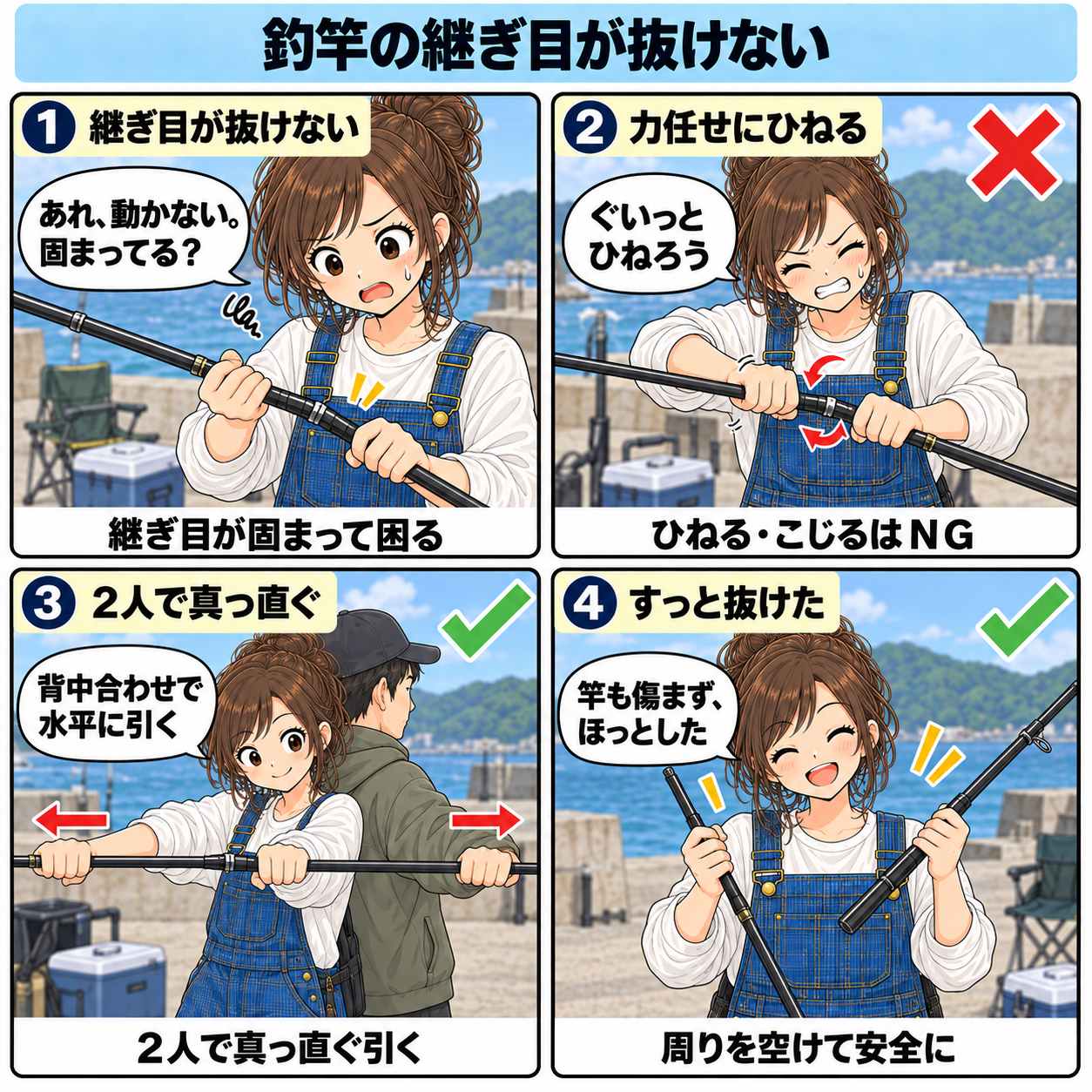 4コマ漫画：釣竿の継ぎ目が抜けない